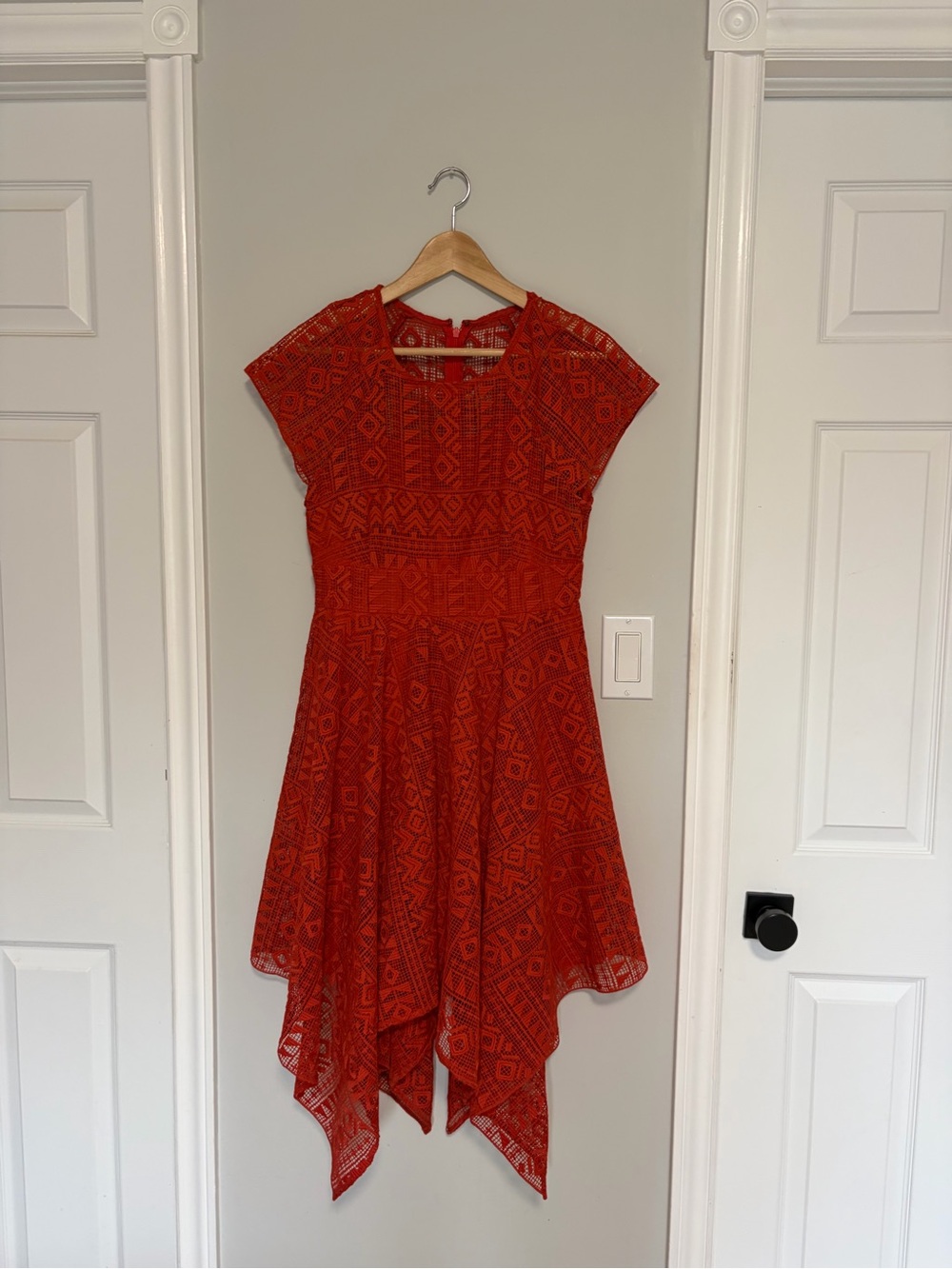 Maeve Orange Lace Handkerchief-Hem Fit & Flare Dress